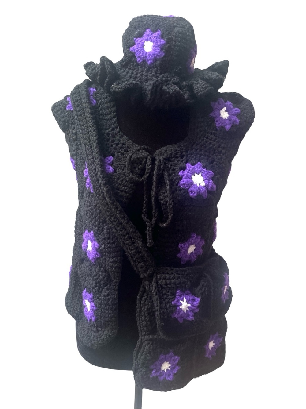 Handmade Crochet 3 Piece Set Purple Black White Floral Bucket Hat Vest Bag